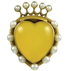 Antique Pearl Yellow Agate Crowned Heart Gold Brooch