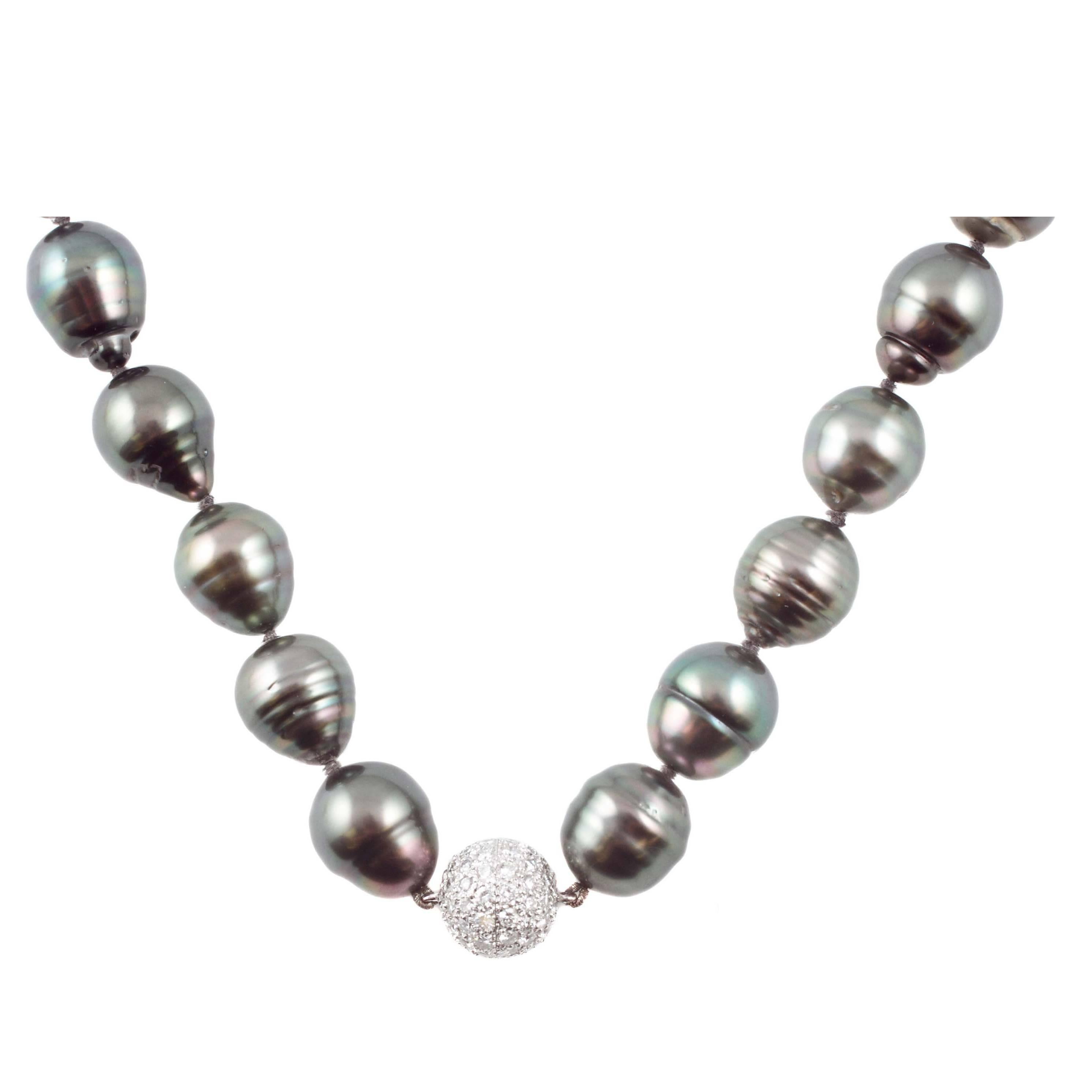 Stunning Strand Natural Color Tahitian Cultured Pearls Diamond Clasp