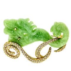  Yellow Gold Jade and Diamond Dragon Brooch