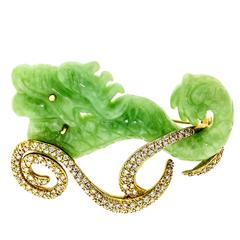 Antique Yellow Gold Jade and Diamond Dragon Brooch