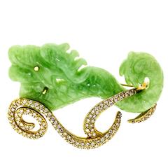 Antique  Yellow Gold Jade and Diamond Dragon Brooch