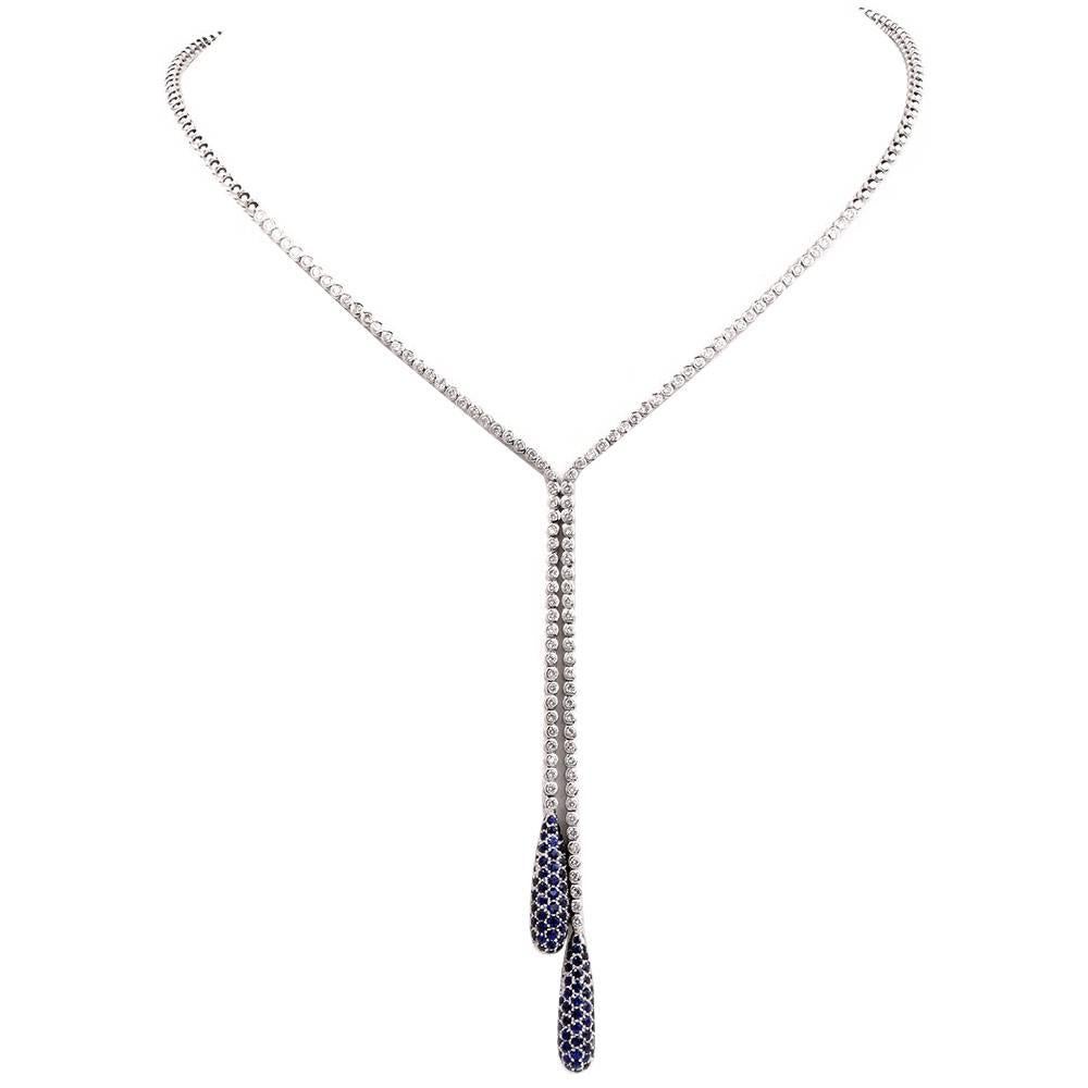 Diamond Sapphire Double Drop Tassel Necklace 