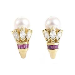 Cartier Pearl Ruby Diamond Gold Huggie Earrings