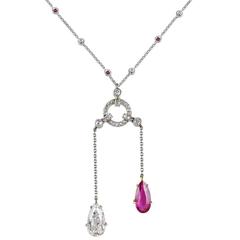 Burmese Ruby and Diamond Two-Stone Lavaliere Necklace