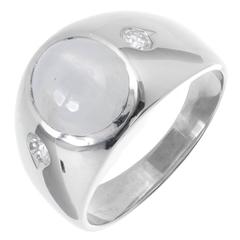 Star Sapphire Diamond Men's White Gold Three-Stone Ring 5