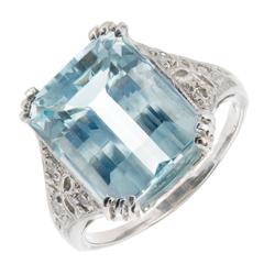 Art Deco Aqua Diamond Platinum Cocktail Ring 1