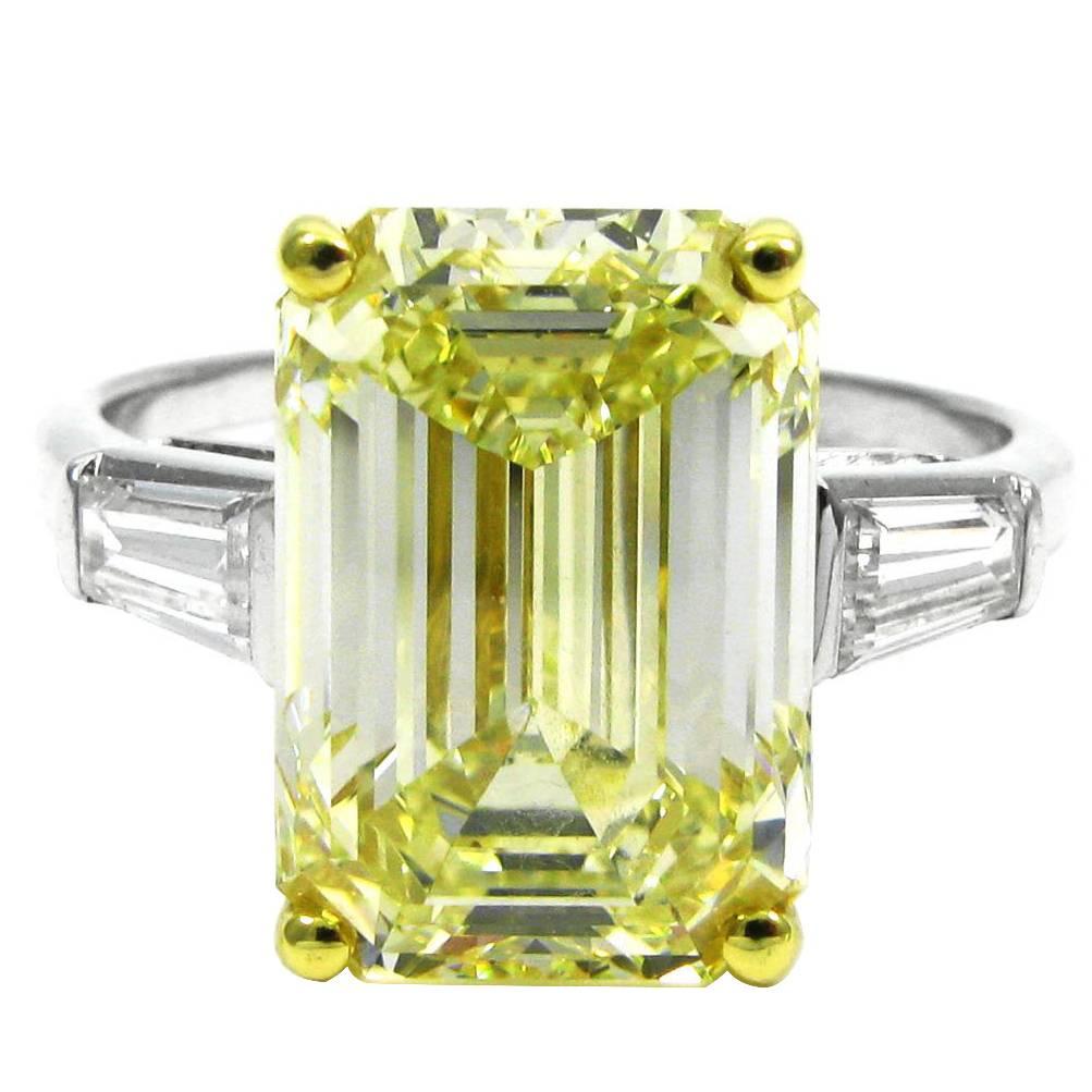 GIA Cert 6.69 Carat Fancy Yellow Emerald Cut Classic Diamond Ring 