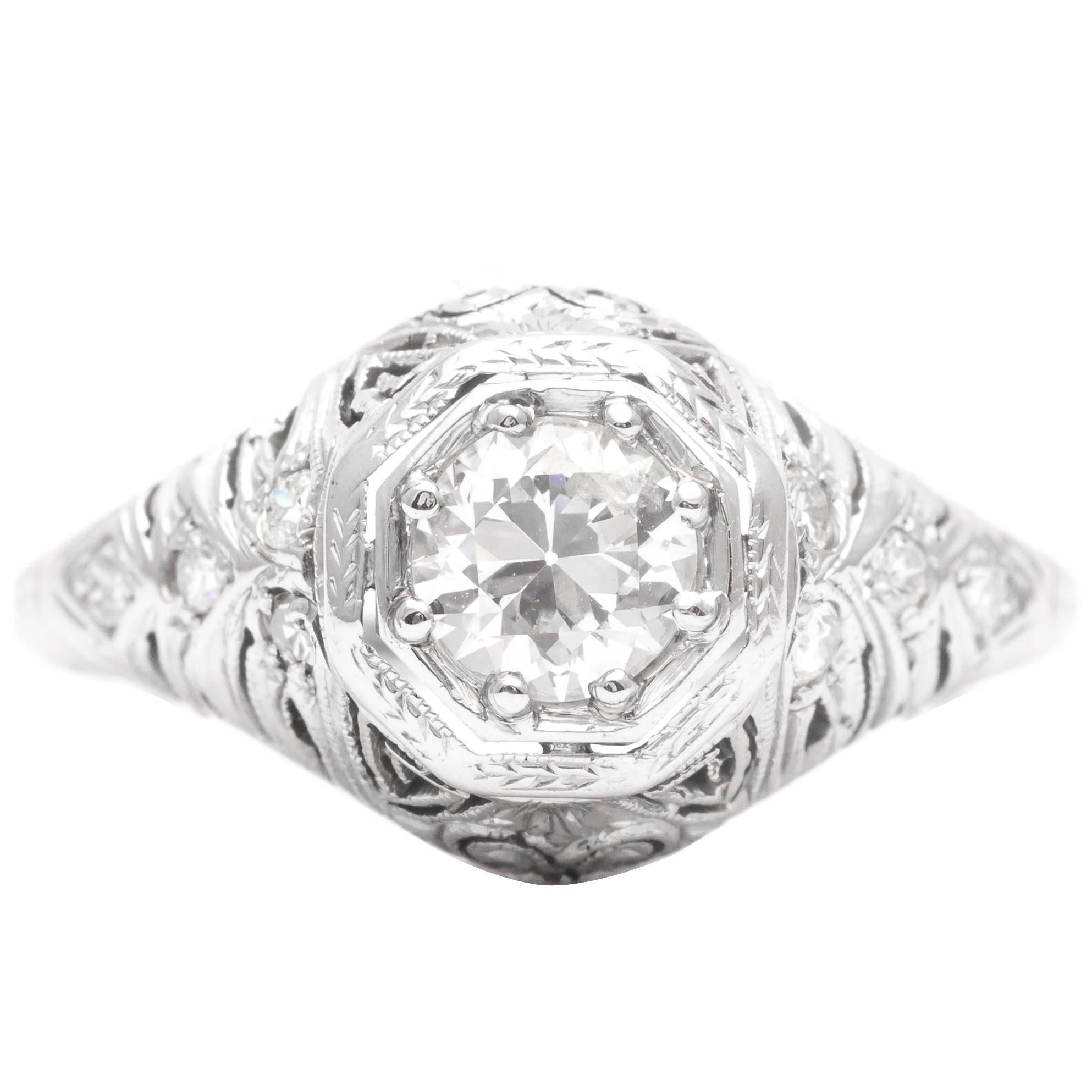 Art Deco 0.55 Carat Diamond Filigree Engagement Ring in 18k White Gold For Sale