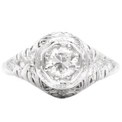 Art Deco 0.55 Carat Diamond Filigree Engagement Ring in 18k White Gold