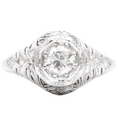 Antique Hand Engraved Art Deco Diamond Engagement Ring in 18k White Gold