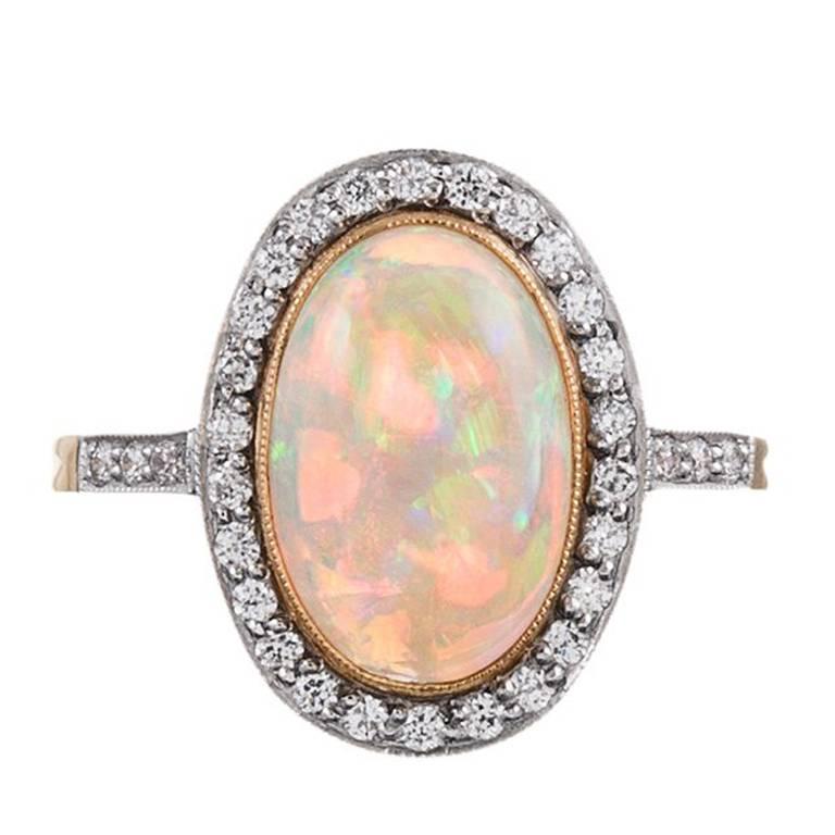 2.23 Carat Opal Cabochon Diamond Ring