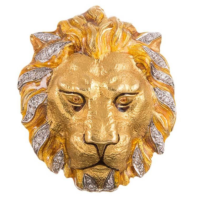 Masriera Diamond Accented Lion Head Pin Pendant 