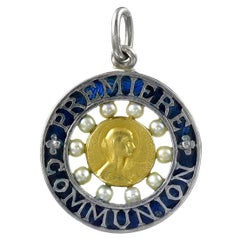 Retro Platinum Plique a Jour First Communion Pendant