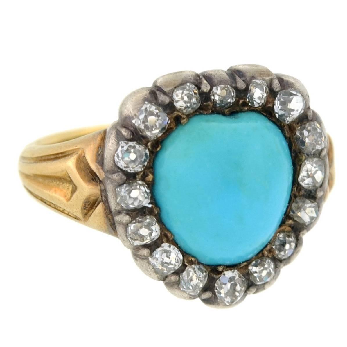 Antique Victorian Persian Turquoise Diamond Heart Ring