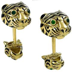 David Webb Enamel Emerald Gold Tiger Cufflinks 1