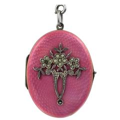 Antique Enamel and Sterling Locket on Original Enamel Chain 1