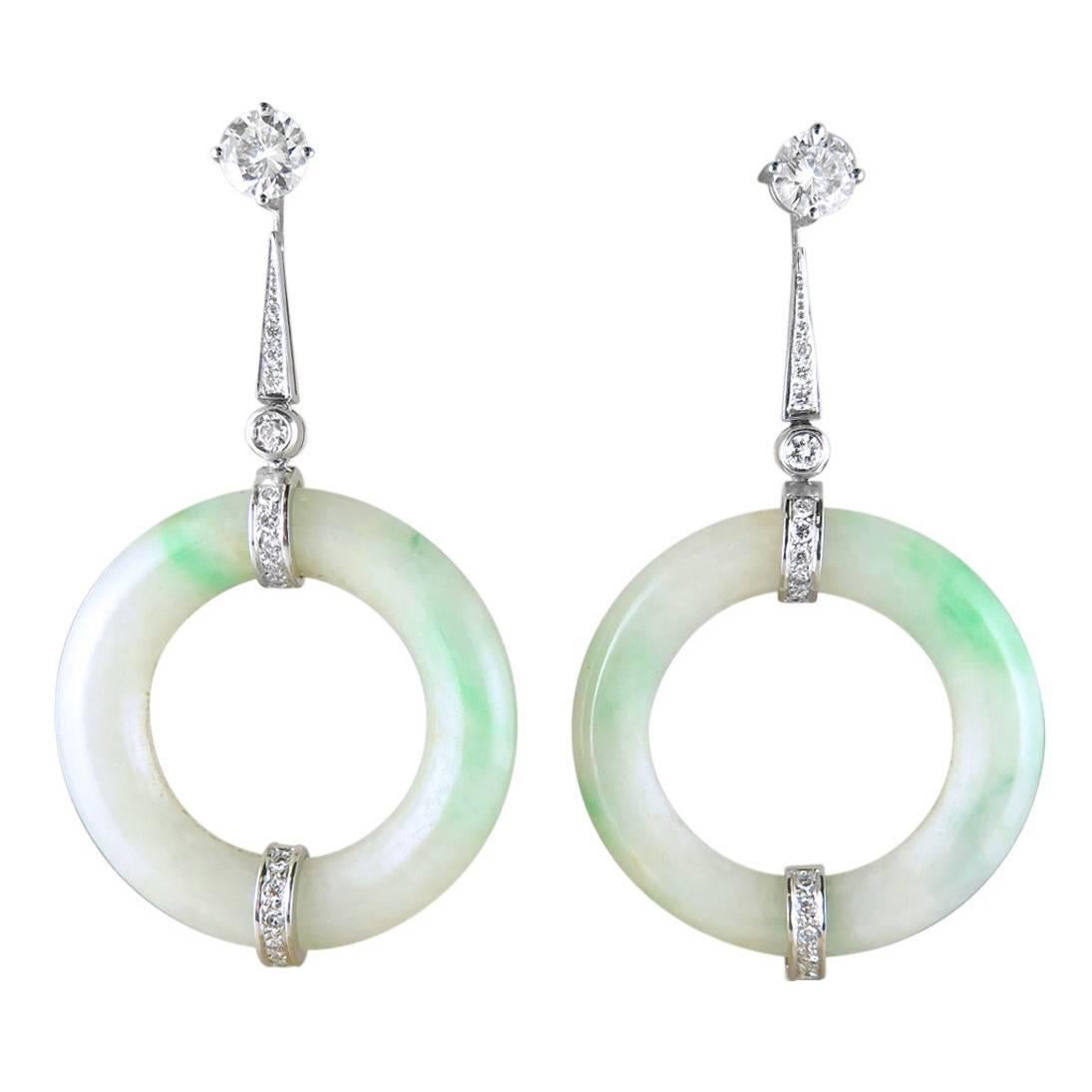 Diamond and Jade Hoop Ear-Pendants For Sale