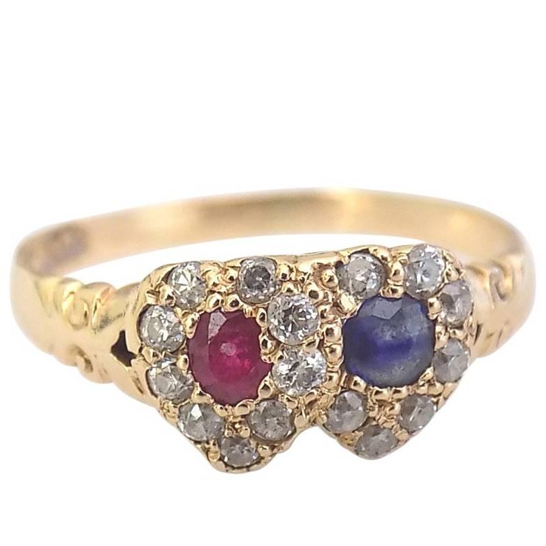 Victorian Gold Ruby Sapphire Diamond Double Heart Ring