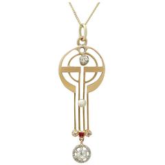 1920s Antique Diamond and Pearl, Ruby and Yellow Gold Pendant 5