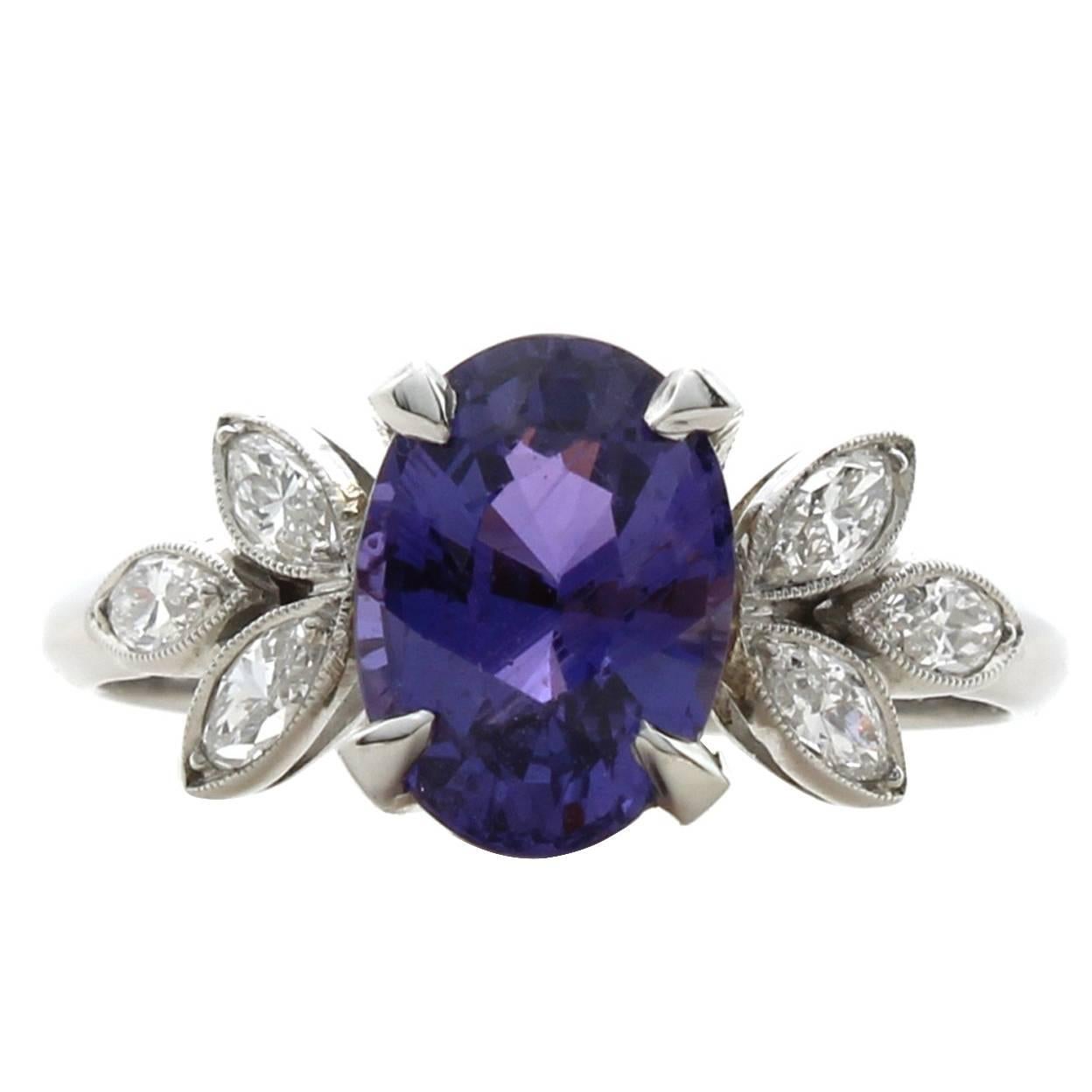 2.17 Carat Oval Purple Sapphire Marquise Diamond Platinum Ring