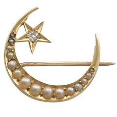 Antique 0.05 Carat Diamond and Seed Pearl, Yellow Gold Crescent Brooch
