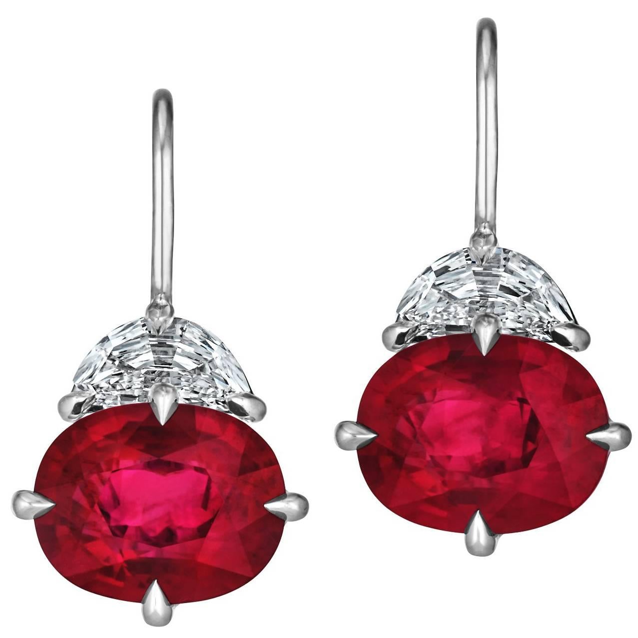 Burma Ruby Diamond Platinum Drop Earrings