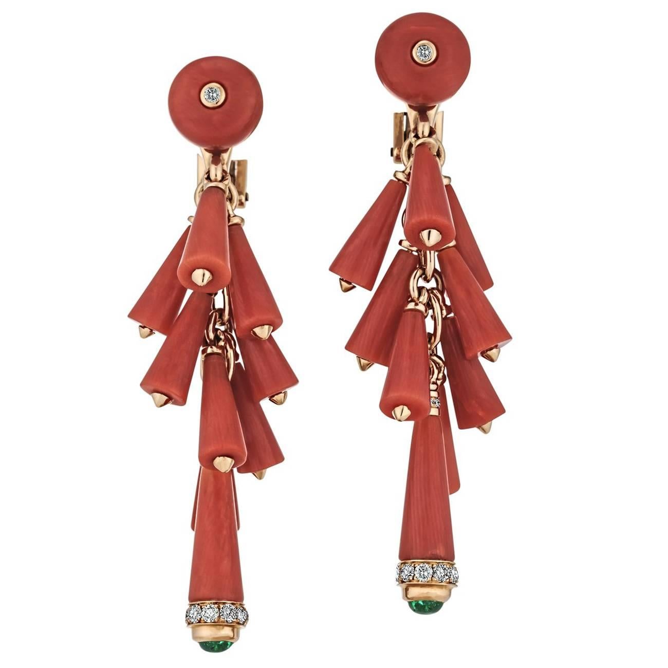 Bulgari Red Coral Emerald Diamond Gold Drop Earrings
