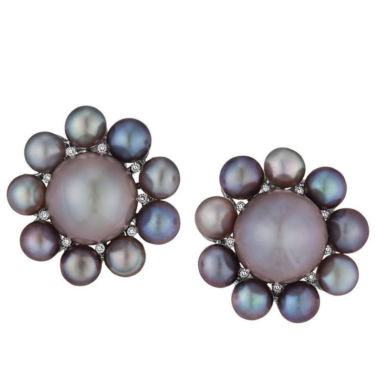 Rare Natural Pearl Diamond Platinum Earrings For Sale