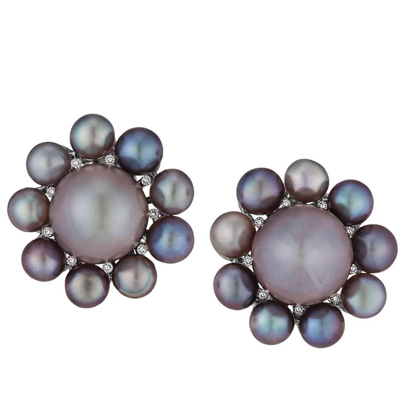 Rare Natural Pearl Diamond Platinum Earrings