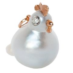 White Diamond Australian Pearl Hen Gold Pendant  