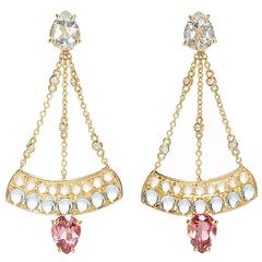 Dubini Theodora Topaz Rubellite Aquamarine Moonstone and Diamonds Gold Earrings 3