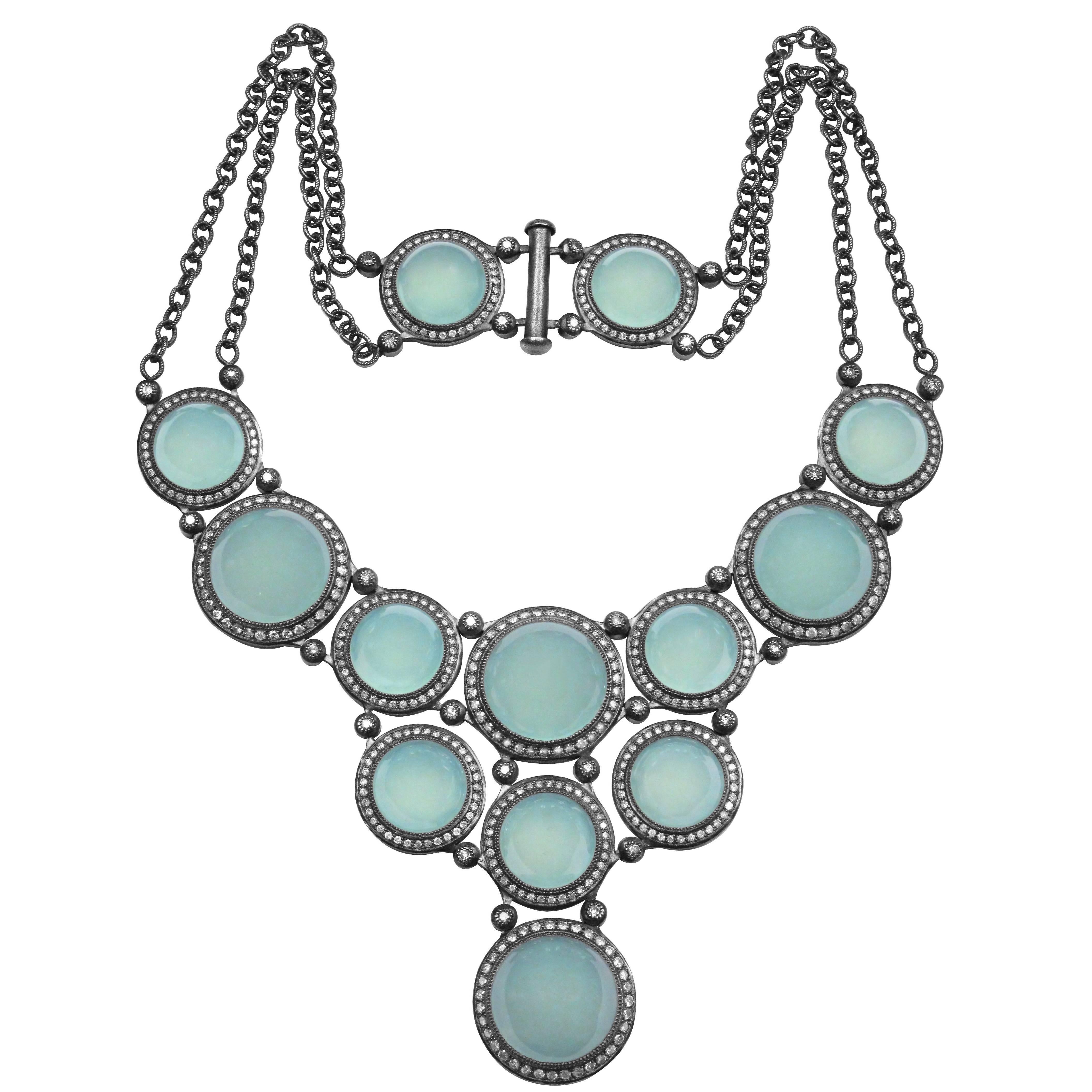 Chalcedony & Diamonds Necklace in Oxidized Silver One of a Kind Handmade in NYC