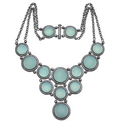 Chalcedony & Diamonds Necklace in Oxidized Silver One of a Kind Handmade in NYC