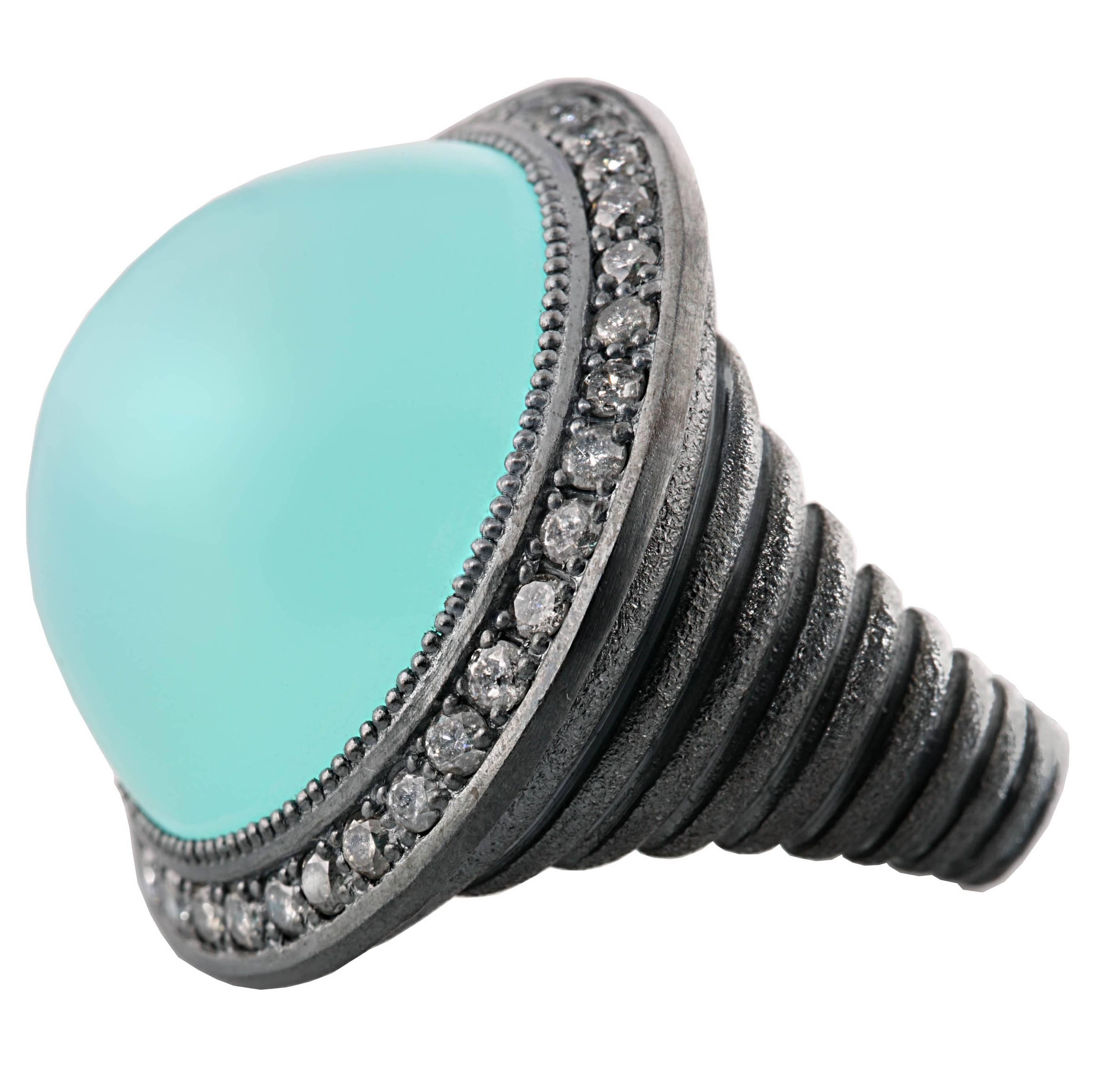 Chalcedony and White Topaz Oxidized Silver Ring Ltd Ed Handmade in NYC