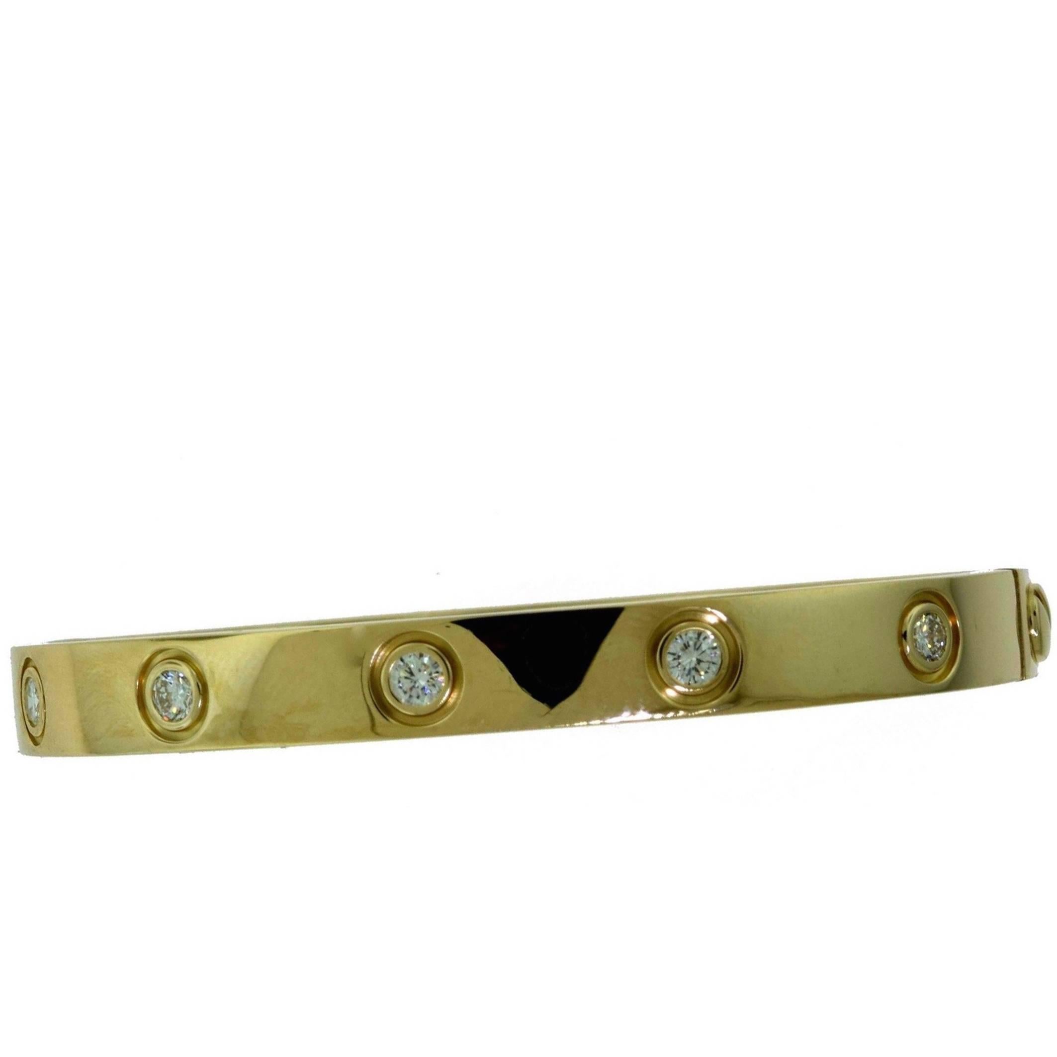 Cartier Yellow Gold Love Bracelet, 10 Diamonds, Size 16 For Sale