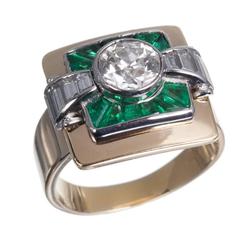 Old European-Cut Diamond and Emerald 18 Karat Yellow Gold Ring
