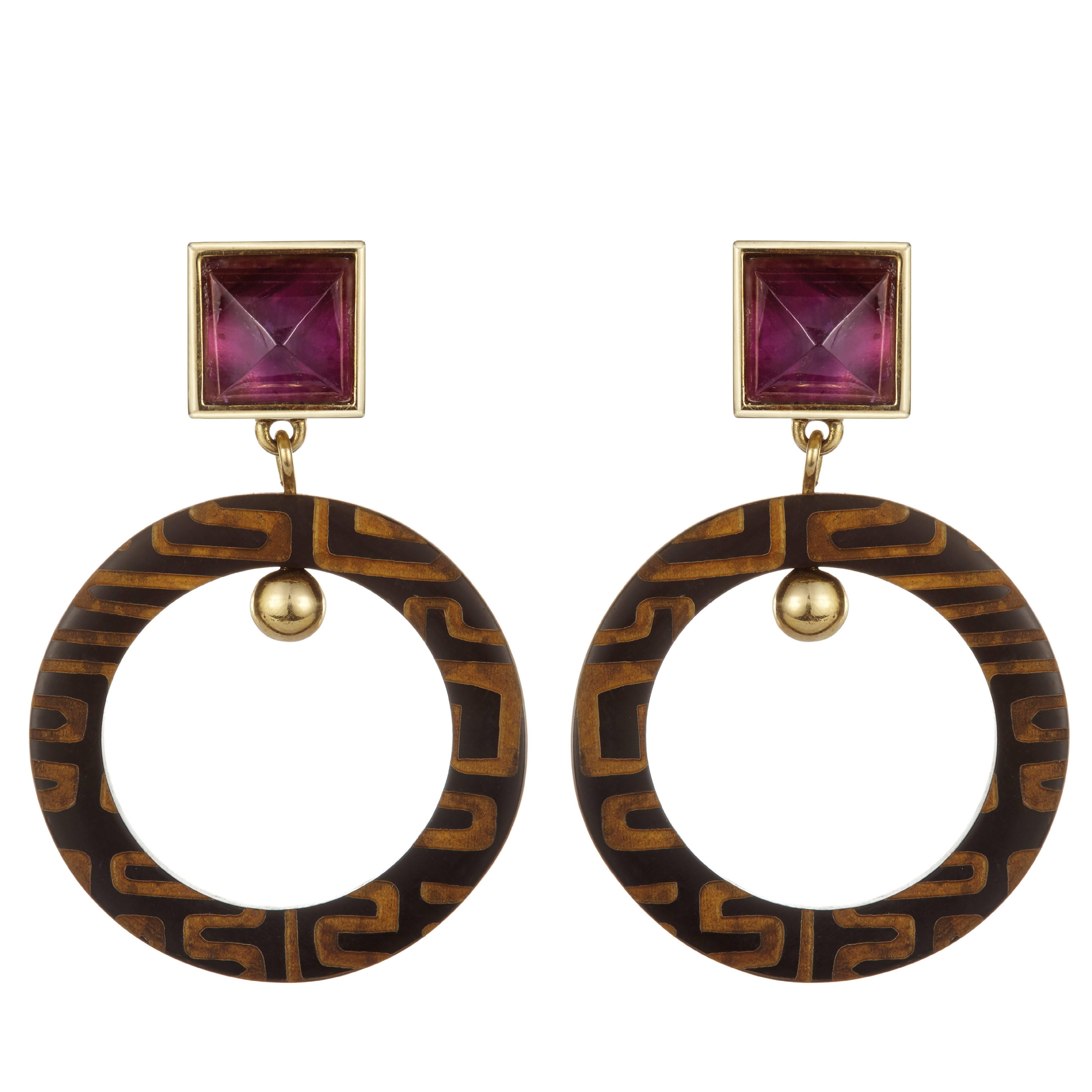 Fouche Art Deco Horn Amethyst Africa Engraved Earrings For Sale