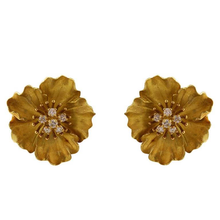 Tiffany and Co. Diamond Gold Flower Earrings at 1stDibs