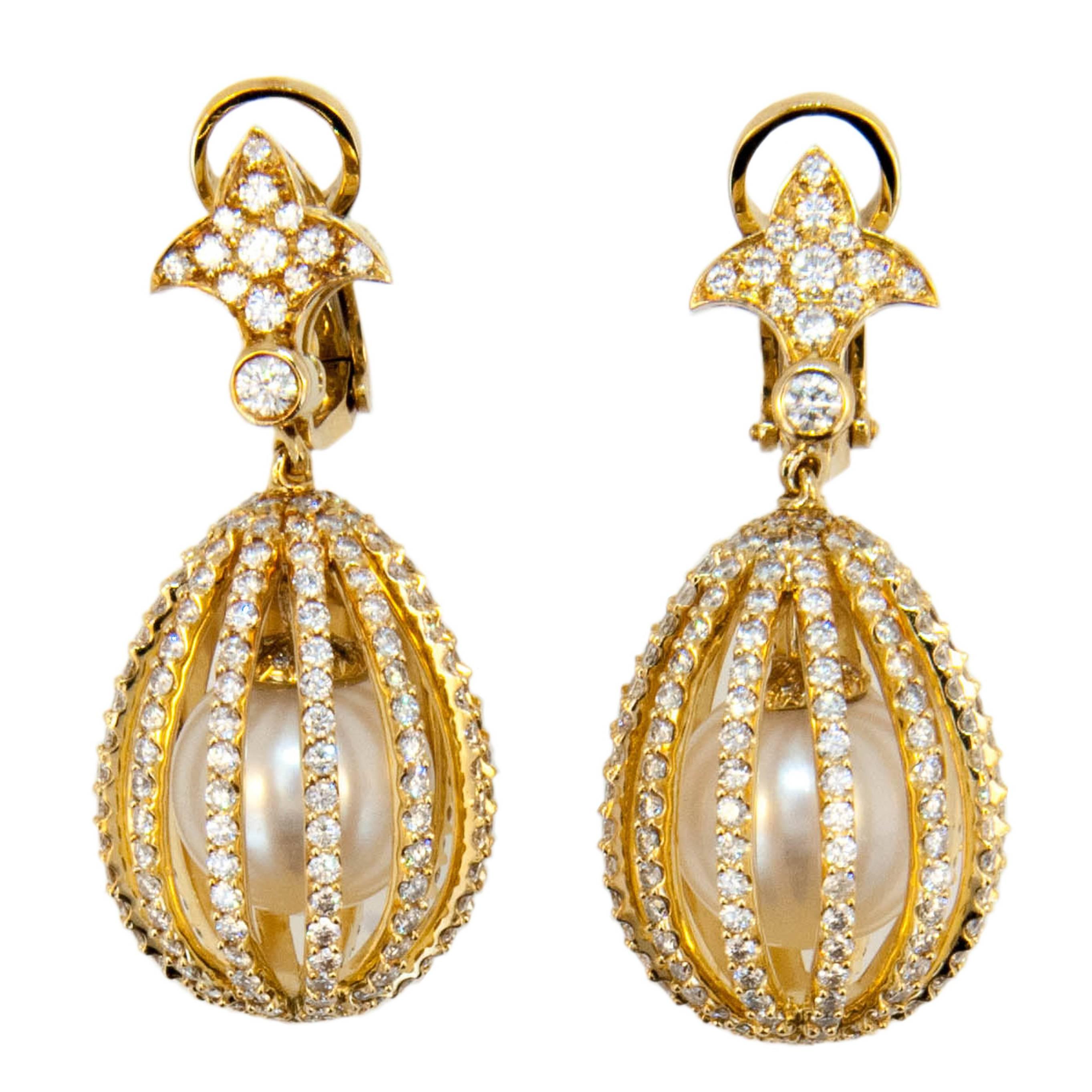 Laura Munder South Sea Pearl and Diamond Gold Earrings For Sale