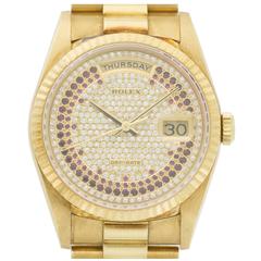 Rolex Yellow Gold Pavé Diamond Ruby Dial Day-Date Wristwatch Ref 18238 1990 3