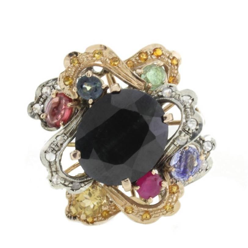 Diamonds Sapphire Central Emeralds Rubies, Yellow Sapphire Gold and Silver Ring