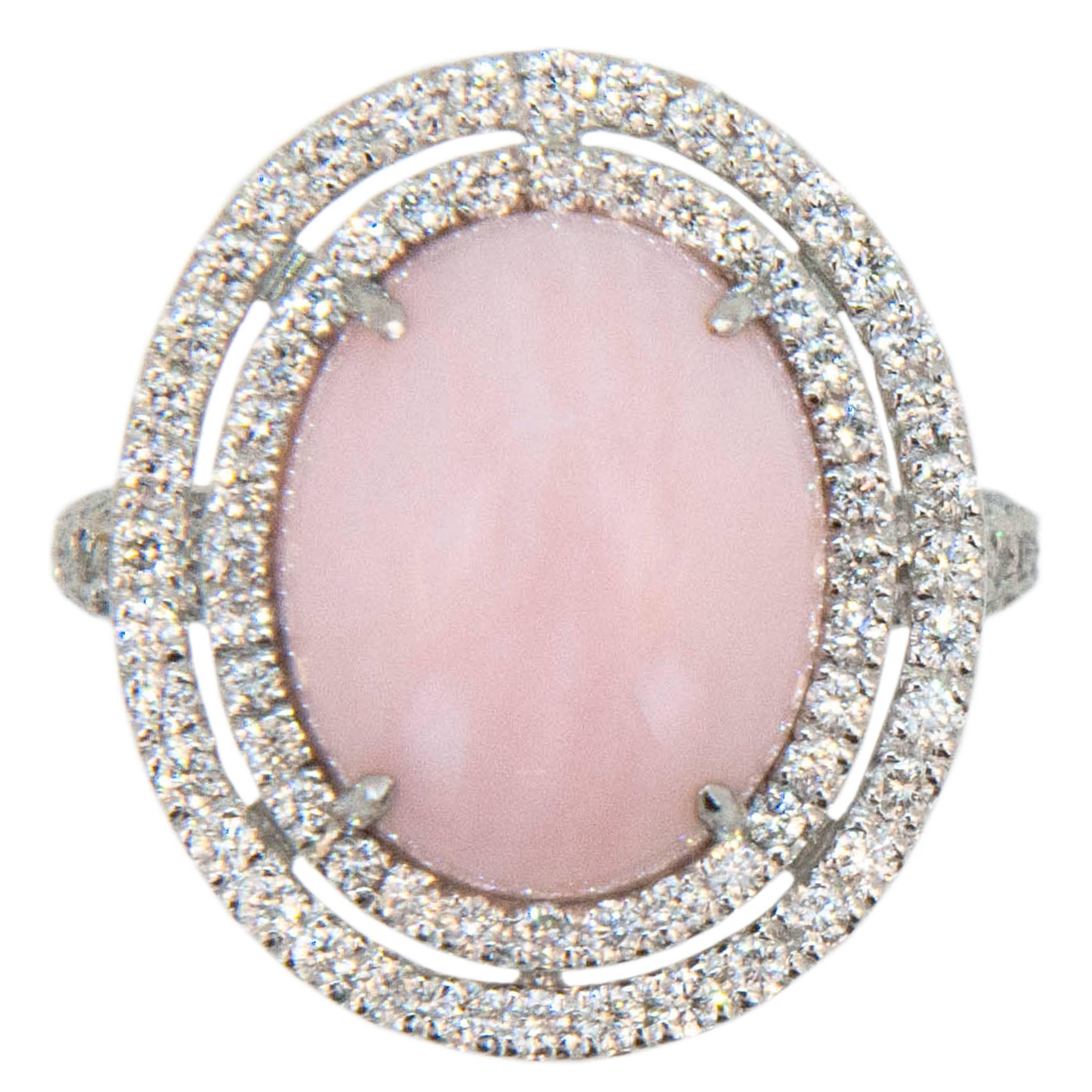 Laura Munder Pink Opal Cabachon Diamond White Gold Ring For Sale