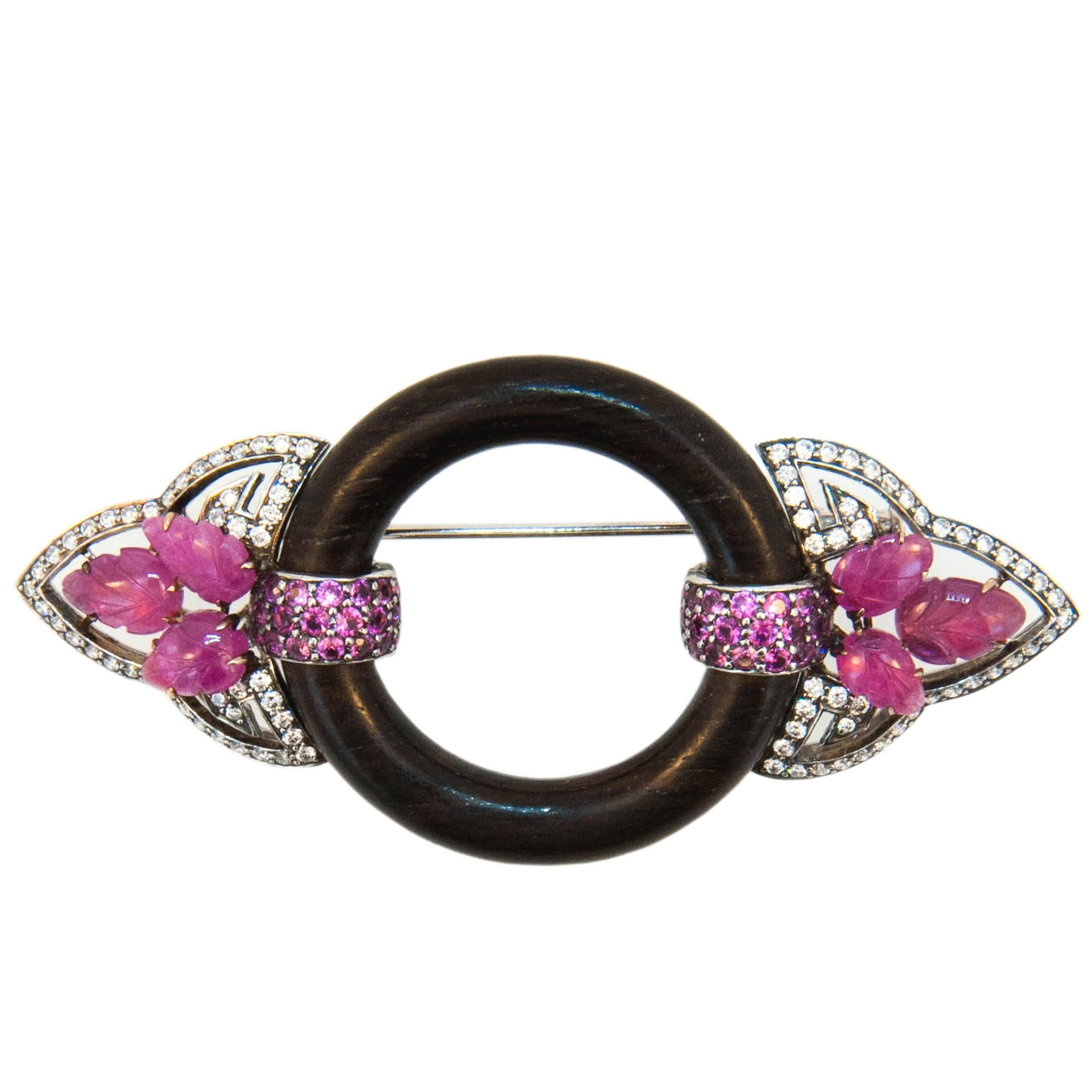 Laura Munder Pink Sapphire Diamond Wood Pin Brooch For Sale