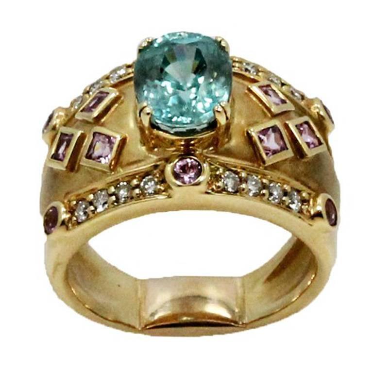 Aquamarine  Diamond Gold Ring For Sale