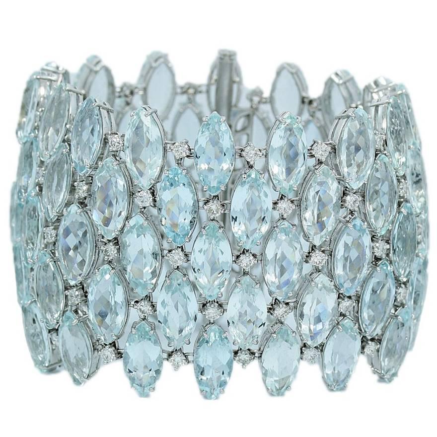 Diamond  Aquamarine Wide Bracelet  For Sale
