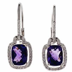 3.00 Carat Purple Amethyst Diamond Halo Gold Dangle Earrings