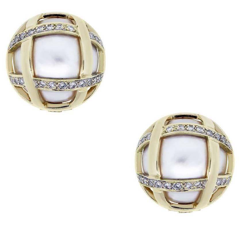 Yellow Gold Pearl Diamond Button Earrings For Sale