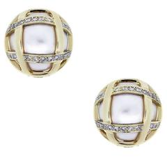Yellow Gold Pearl Diamond Button Earrings 8