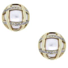 Vintage Yellow Gold Pearl Diamond Button Earrings