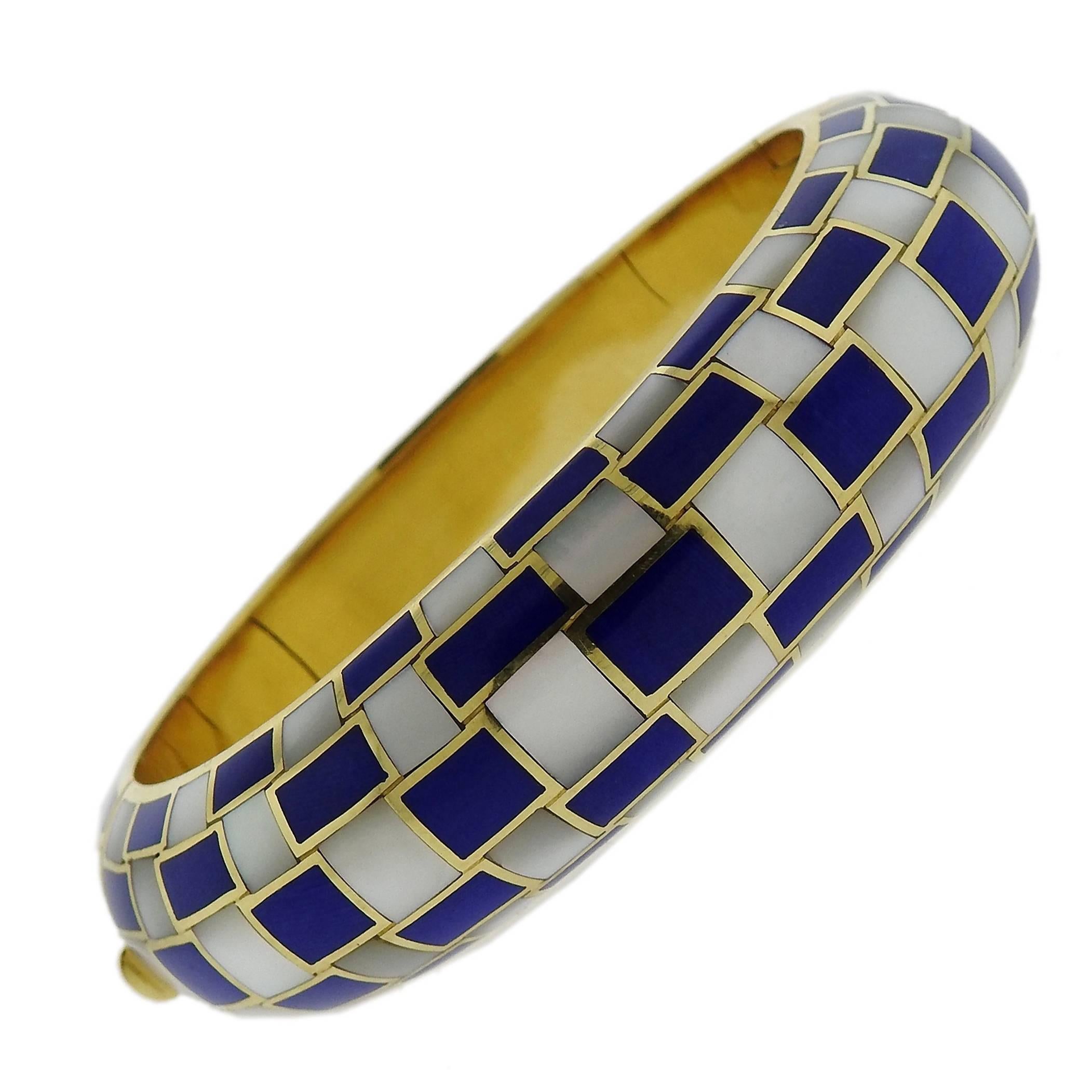 Tiffany & Co. Gold Inlay Dyed Blue Coral Mother of Pearl Bangle Bracelet For Sale